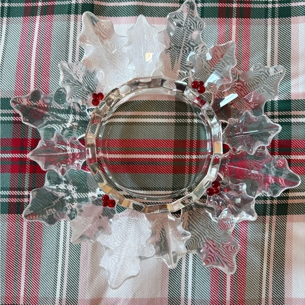 Vintage Crystal Partylite Candle Holder-Clear Poinsettia Leaves with Red Berries - Picture 2 of 6